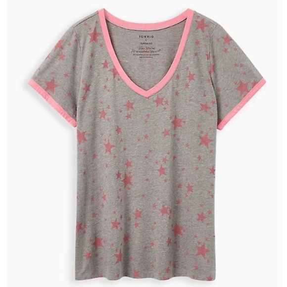 Torrid Women’s Pink Stars Grey V-Neck Ringer Tee - Picture 1 of 13